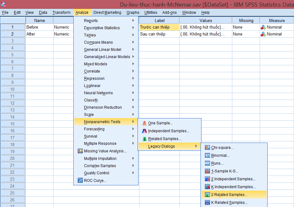 Giao diện menu Analyze - Nonparametric Tests - Legacy Dialogs trong SPSS