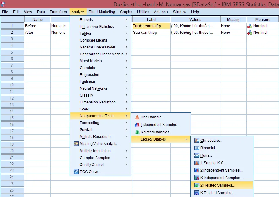Giao diện menu Analyze - Nonparametric Tests - Legacy Dialogs trong SPSS