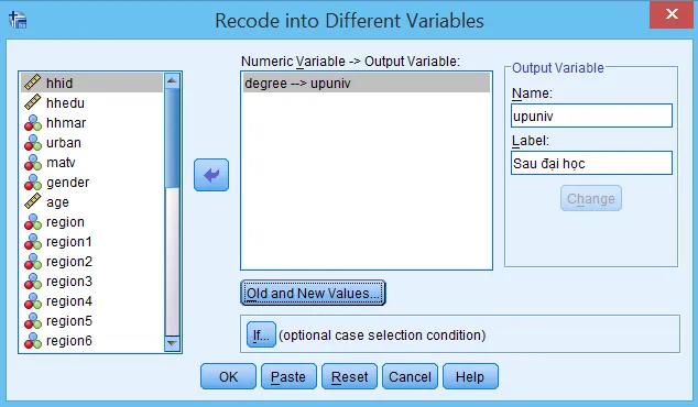 Giao diện Recode into Different Variables trong SPSS