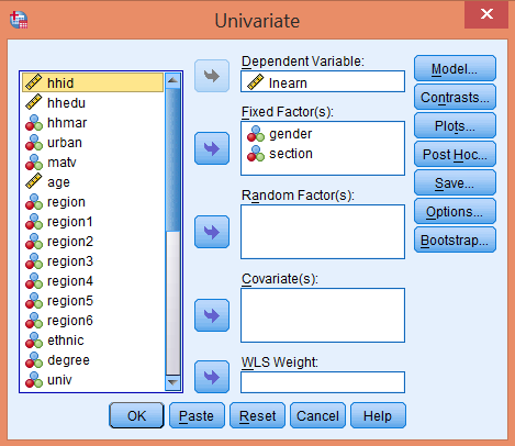 Thiết lập biến phụ thuộc và biến độc lập trong ANOVA hai chiều