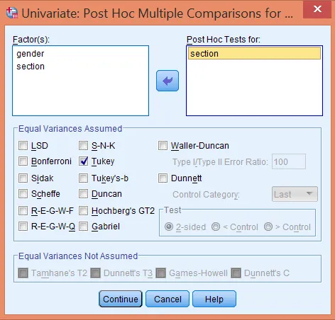 Cách chọn phương pháp kiểm định Post Hoc cho biến section Thiết lập kiểm định Post Hoc trong ANOVA hai chiều