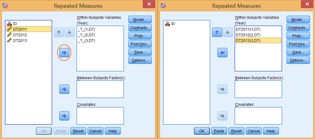 Cửa sổ Define trong phân tích ANOVA đo lường lặp lại một chiều