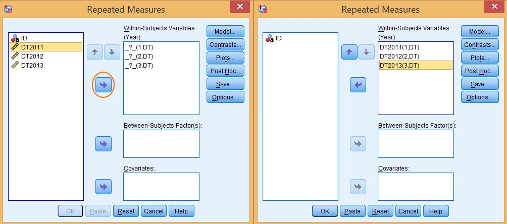 Cách chuyển các biến DT2011, DT2012, DT2013 vào Within-Subjects Variables Cửa sổ Define trong phân tích ANOVA đo lường lặp lại một chiều