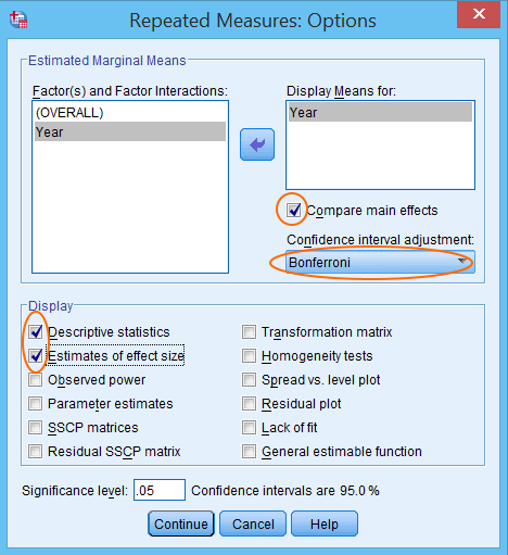 Cửa sổ Options trong phân tích ANOVA đo lường lặp lại