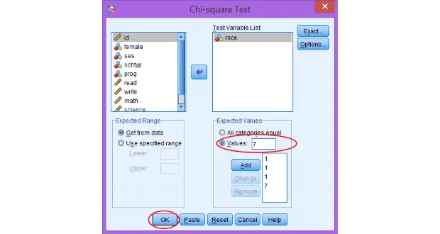Cửa sổ Chi-square Test với cấu hình biến race và values trong SPSS