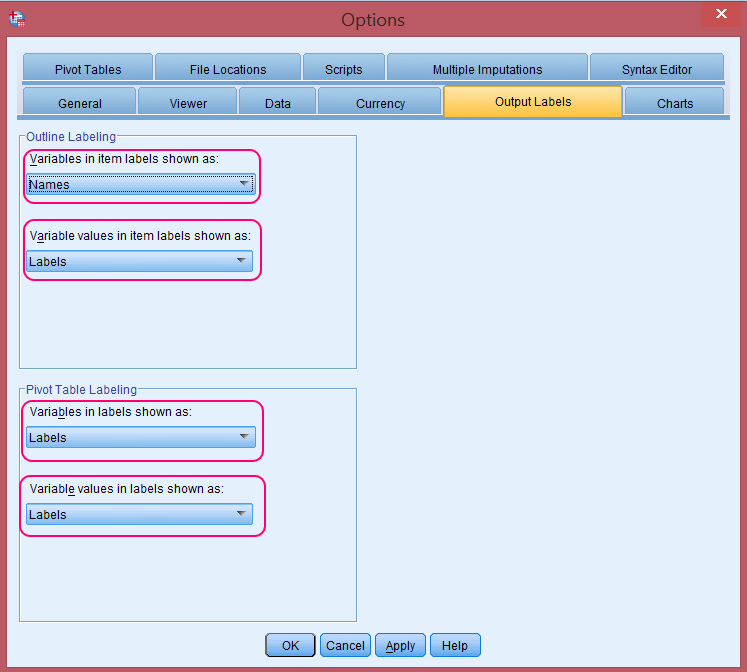 Thiết lập hiển thị giá trị nhãn trong kết quả SPSS Cửa sổ Options với tab Output Labels để cấu hình hiển thị nhãn