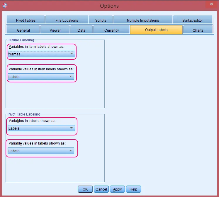 Thiết lập hiển thị giá trị nhãn trong kết quả SPSS Cửa sổ Options với tab Output Labels để cấu hình hiển thị nhãn