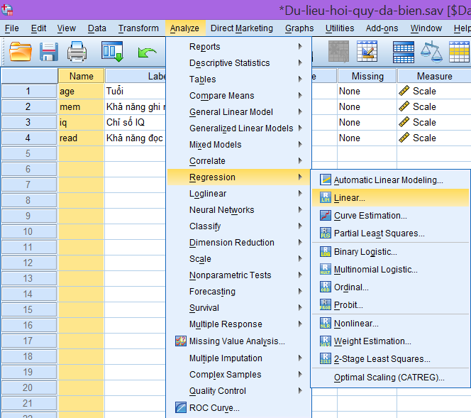 Giao diện menu Analyze - Regression - Linear trong SPSS