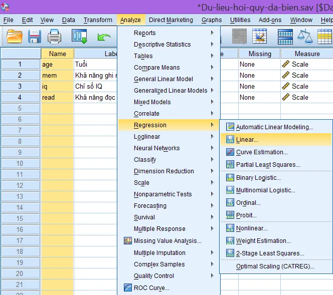 Giao diện menu Analyze - Regression - Linear trong SPSS