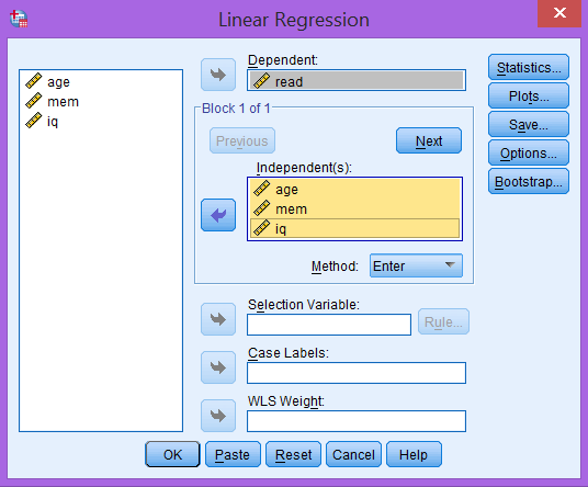 Cửa sổ Linear Regression với biến read làm dependent và age, mem, iq làm independent
