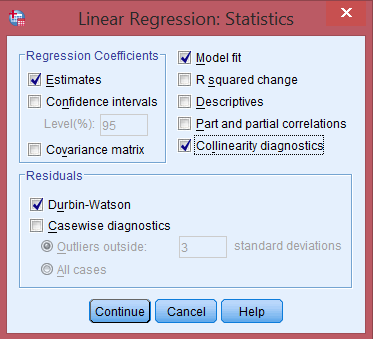 Cửa sổ Statistics với các tùy chọn Estimates, Model fit, Collinearity diagnostics và Durbin-Watson được chọn