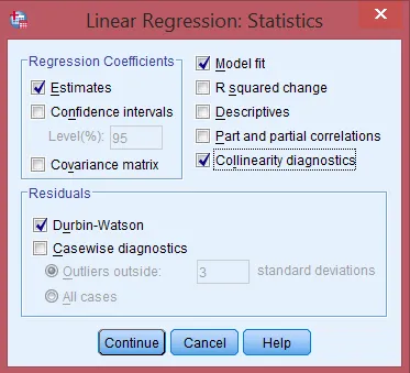 Cửa sổ Statistics với các tùy chọn Estimates, Model fit, Collinearity diagnostics và Durbin-Watson được chọn