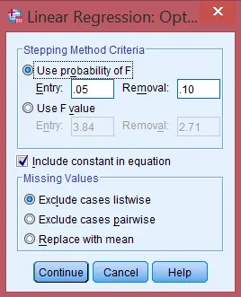 Cửa sổ Options với Include constant in equation được chọn