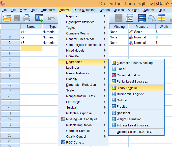 Giao diện menu Analyze - Regression - Binary Logistic trong SPSS
