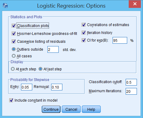 Cửa sổ Options với các tùy chọn nâng cao cho hồi quy logit