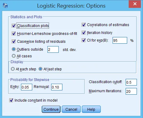 Thiết lập các tùy chọn phân tích nâng cao và kiểm định độ phù hợp Cửa sổ Options với các tùy chọn nâng cao cho hồi quy logit