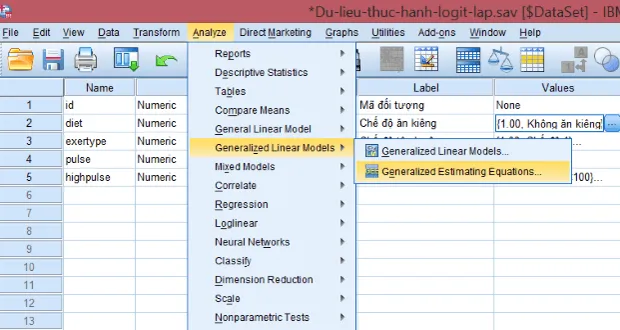 Hướng dẫn truy cập công cụ phân tích hồi quy logit lặp trong SPSS Giao diện menu Analyze - Generalized Linear Models - Generalized Estimating Equations trong SPSS