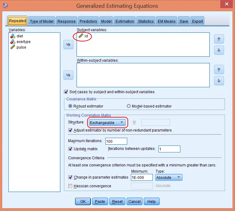Cấu hình subject variables và working correlation matrix trong SPSS Thiết lập tab Repeated với biến id và cấu trúc Exchangeable