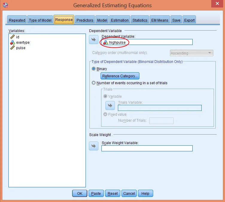 Cấu hình biến phụ thuộc cao huyết áp trong mô hình Thiết lập biến phụ thuộc highpulse trong tab Response