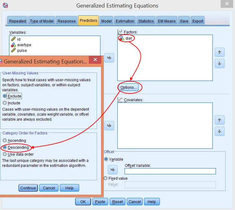 Cấu hình biến yếu tố chế độ ăn kiêng trong mô hình Thiết lập biến độc lập diet trong tab Predictors với sắp xếp Descending