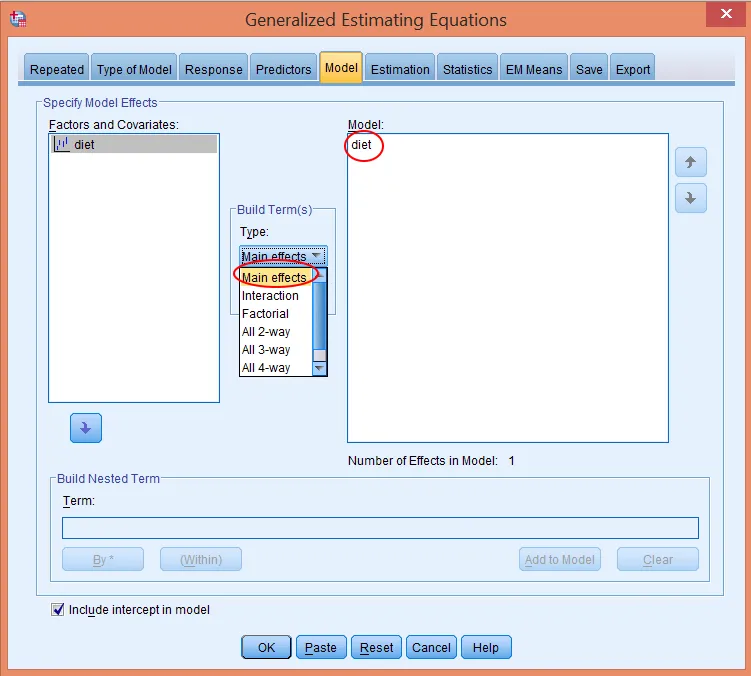 Cấu hình mô hình với tác động chính của chế độ ăn kiêng Thiết lập mô hình với biến diet và Main effects trong tab Model