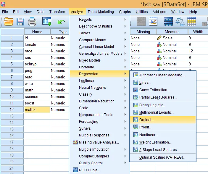 Giao diện menu Analyze - Regression - Ordinal trong SPSS