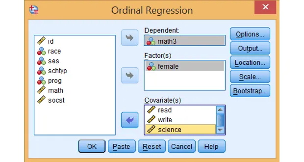 Giao diện thiết lập biến trong Ordinal Regression SPSS