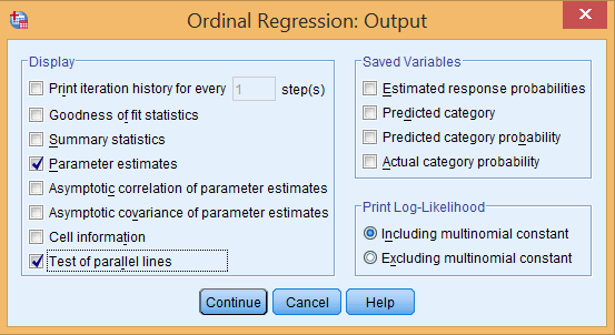 Cách chọn Parameter Estimates và Test of parallel lines trong phần Output Thiết lập Output cho hồi quy thứ tự