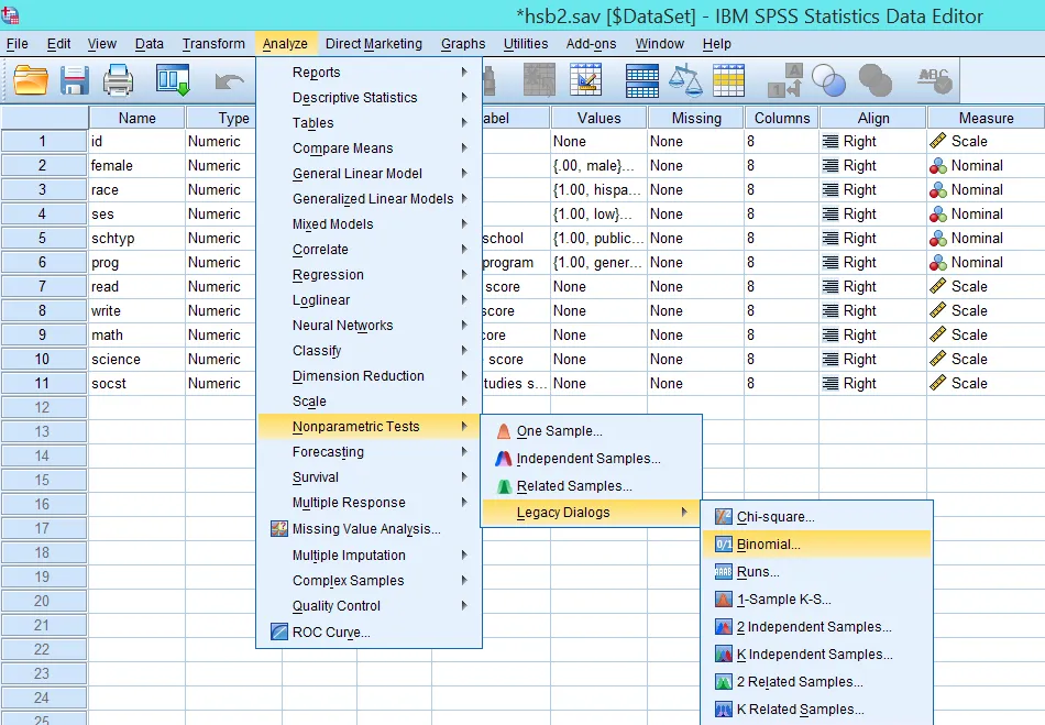 Hướng dẫn truy cập menu Analyze - Nonparametric Tests - Legacy dialogs - Binomial Giao diện menu truy cập kiểm định Binomial trong SPSS