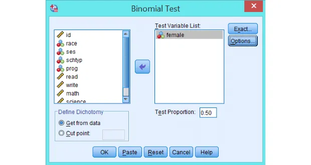 Giao diện thiết lập biến và tỉ lệ kiểm định trong Binomial Test Cửa sổ thiết lập Binomial Test trong SPSS