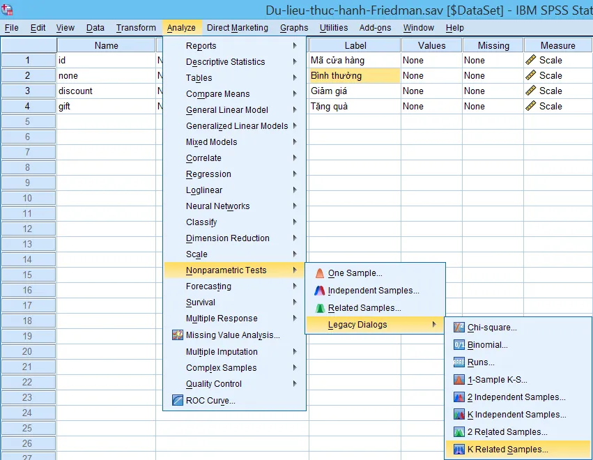 Hướng dẫn truy cập menu thực hiện kiểm định Friedman trong SPSS Giao diện menu Analyze - Nonparametric Tests - K Related Samples trong SPSS