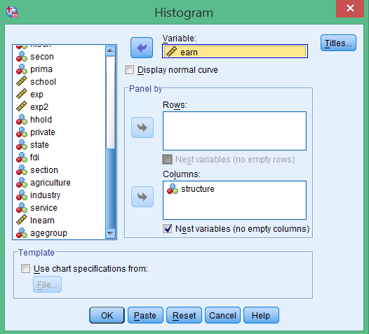 Giao diện cấu hình biểu đồ histogram để kiểm tra giả thiết phân phối tương đồng Cửa sổ thiết lập biểu đồ histogram trong SPSS để kiểm tra phân phối