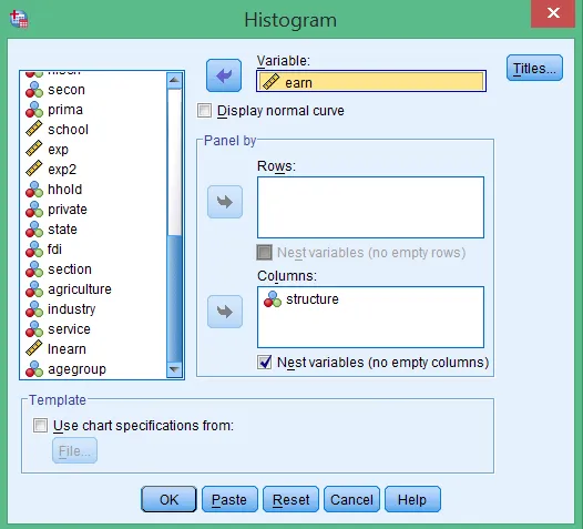 Giao diện cấu hình biểu đồ histogram để kiểm tra giả thiết phân phối tương đồng Cửa sổ thiết lập biểu đồ histogram trong SPSS để kiểm tra phân phối