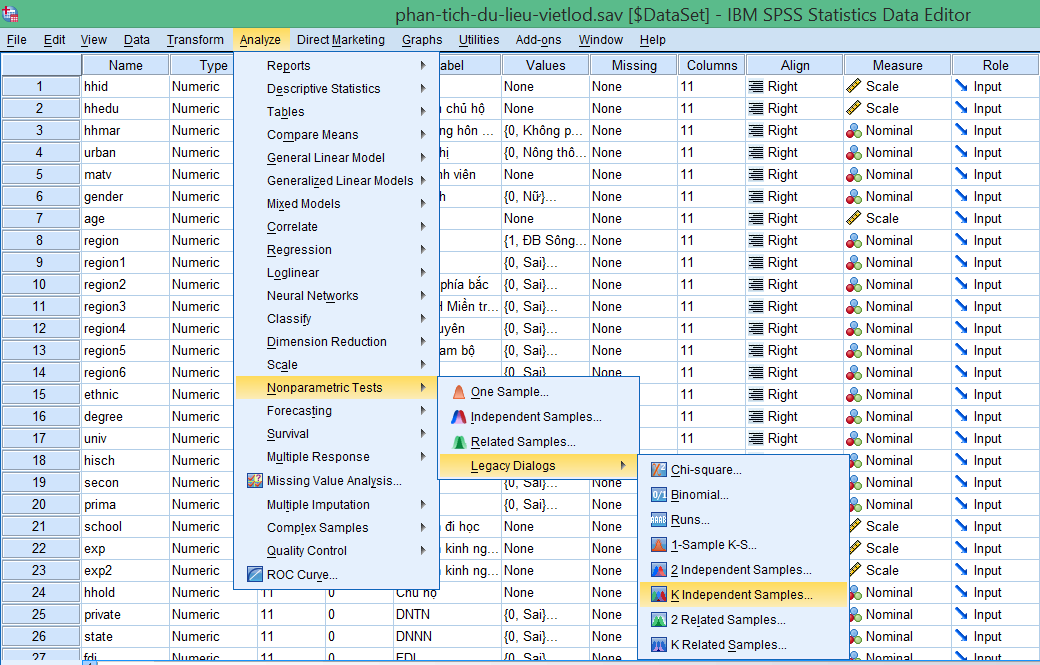 Hướng dẫn truy cập công cụ kiểm định Kruskal-Wallis cho nhiều nhóm độc lập Menu Analyze - Nonparametric Tests - K Independent Samples trong SPSS