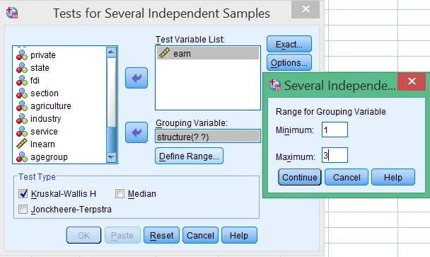 Giao diện cấu hình kiểm định Kruskal-Wallis với biến thu nhập và lĩnh vực kinh tế Cửa sổ Tests for Several Independent Samples với cấu hình biến