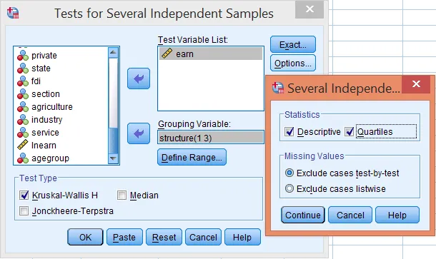 Cấu hình tùy chọn thống kê mô tả và quartiles cho kiểm định Kruskal-Wallis Cửa sổ Options với thiết lập Descriptive và Quartiles