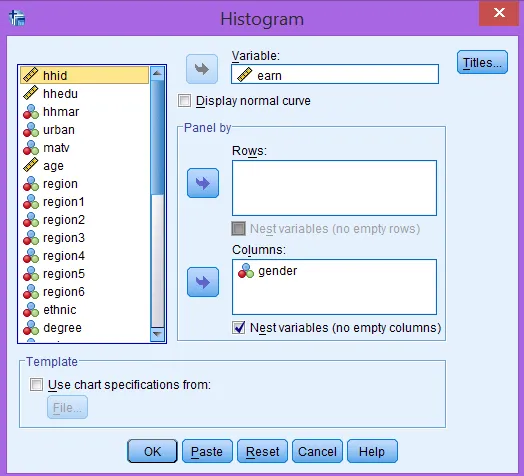 Giao diện tạo biểu đồ histogram trong SPSS