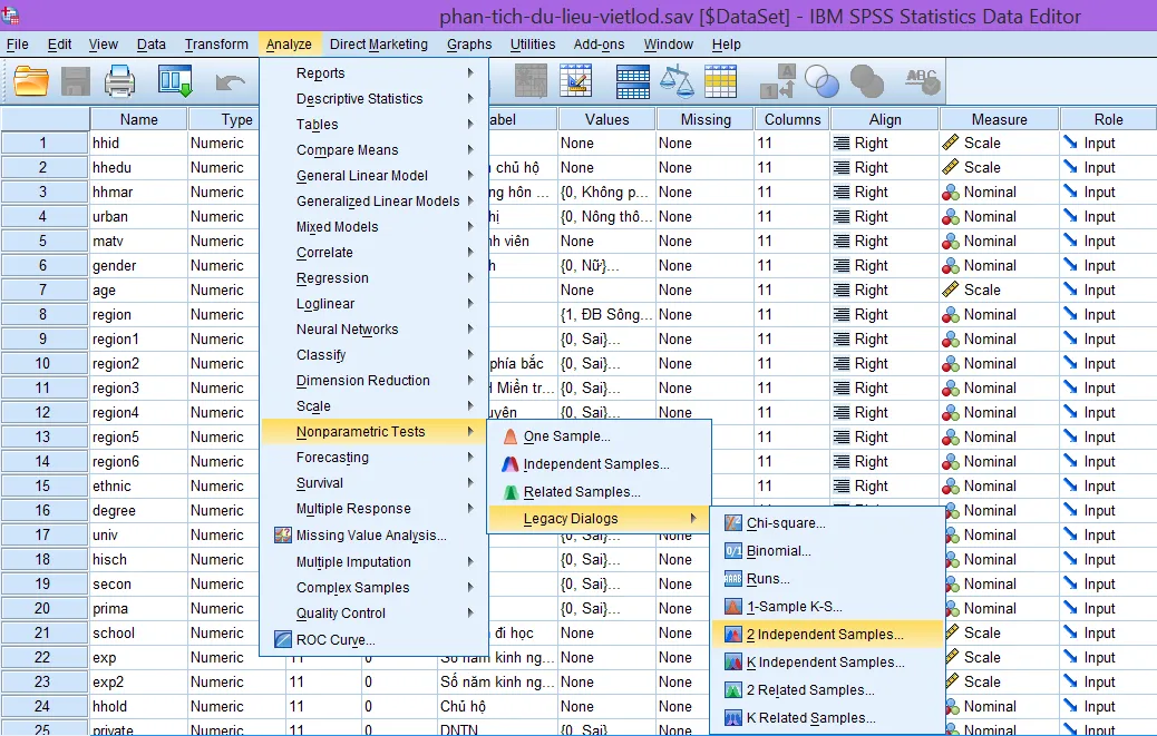 Menu truy cập kiểm định phi tham số trong SPSS