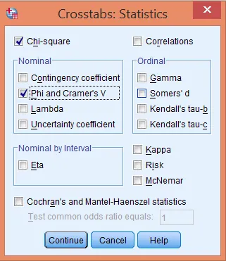 Cửa sổ Statistics với lựa chọn Chi-square và Cramer's V