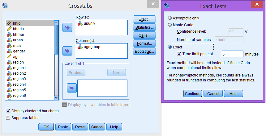 Cách chọn tùy chọn Exact để thực hiện kiểm định Fisher Exact Cửa sổ thiết lập Exact test trong SPSS