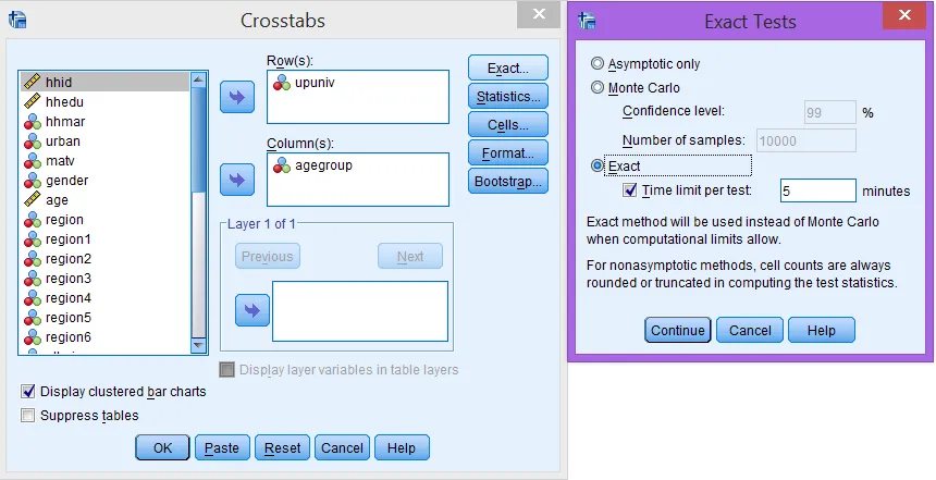 Cửa sổ thiết lập Exact test trong SPSS