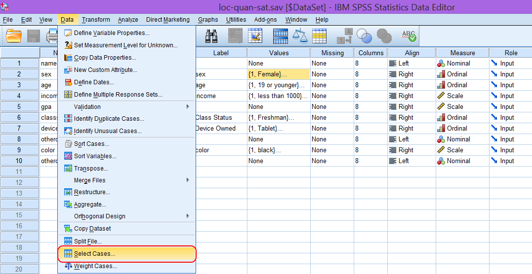 Hướng dẫn truy cập công cụ lọc quan sát Select Cases Giao diện menu Data - Select Cases trong SPSS