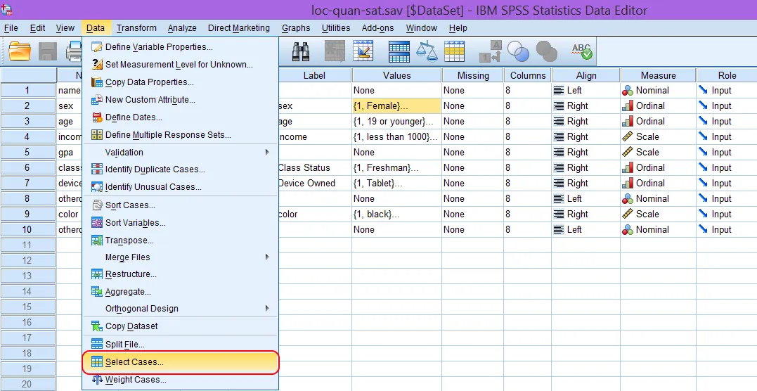 Giao diện menu Data - Select Cases trong SPSS