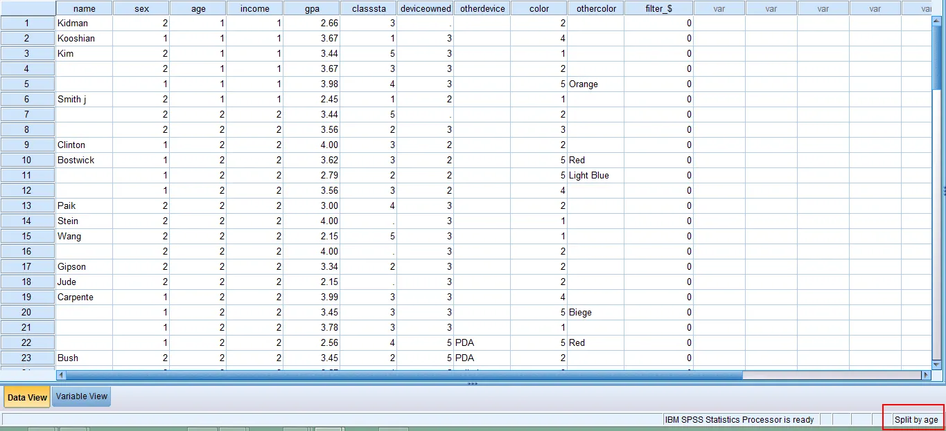 Kết quả sau khi Split File theo age trong SPSS