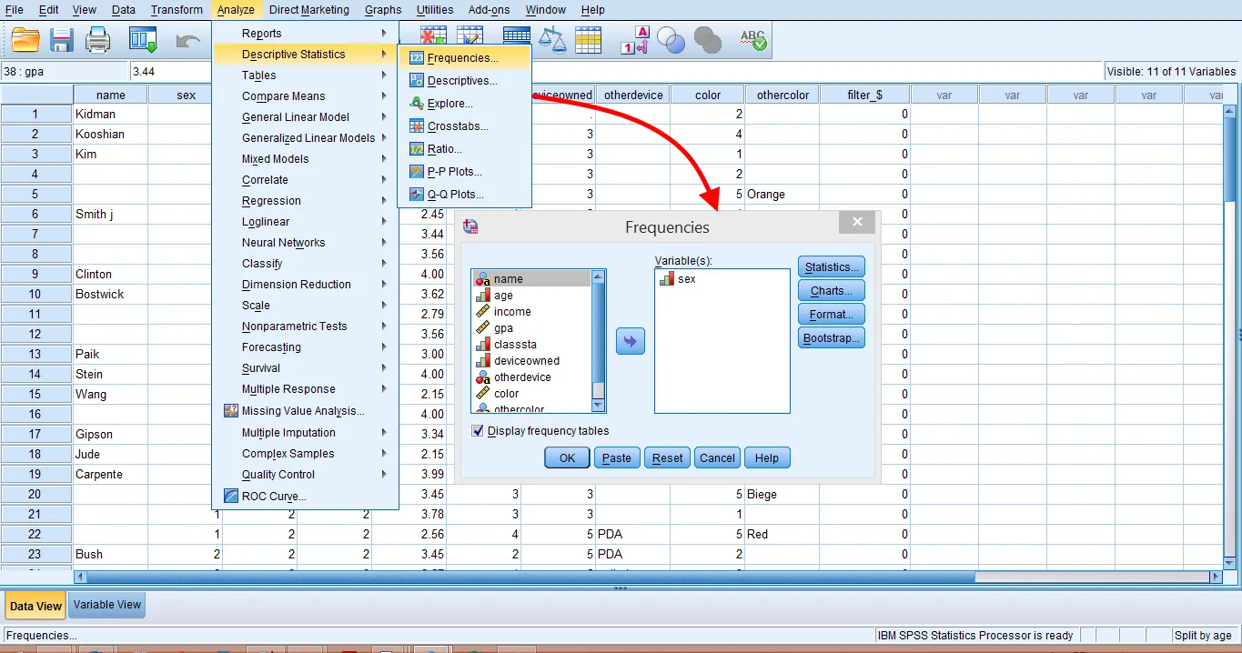 Cửa sổ Frequencies với biến sex trong SPSS