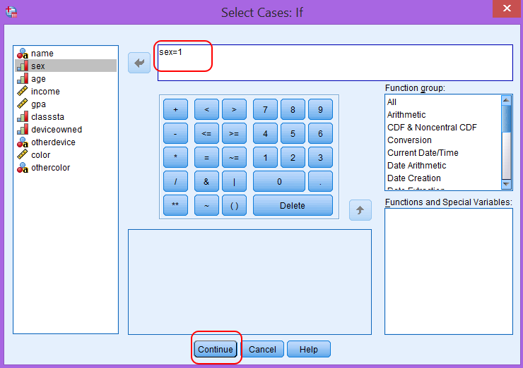 Thiết lập điều kiện lọc chỉ lao động nữ trong SPSS Cửa sổ Select Cases If với biểu thức điều kiện sex=1