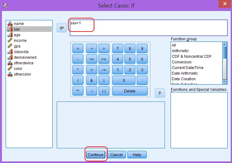 Cửa sổ Select Cases If với biểu thức điều kiện sex=1