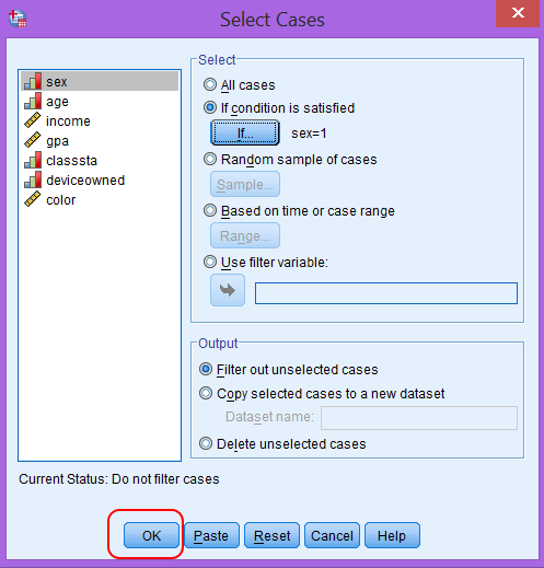 Lựa chọn phương thức xử lý dữ liệu sau khi lọc quan sát Cửa sổ Select Cases với các tùy chọn xử lý dữ liệu