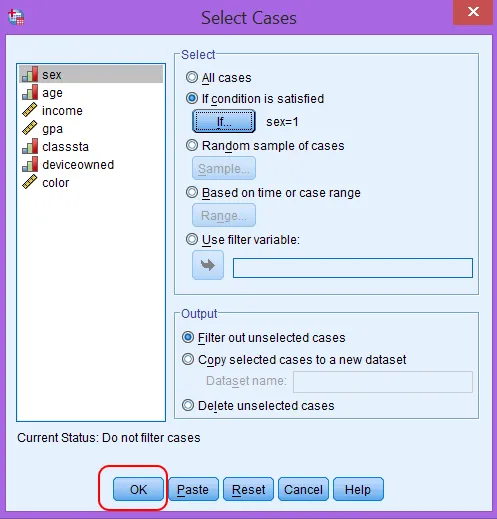 Cửa sổ Select Cases với các tùy chọn xử lý dữ liệu