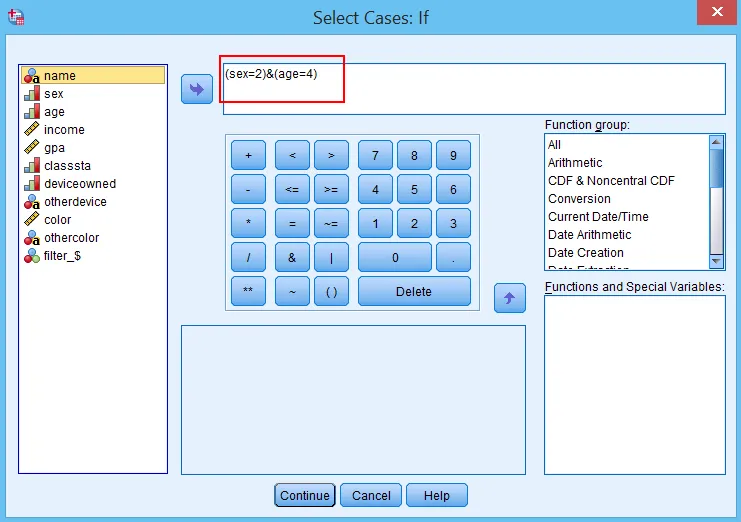 Biểu thức điều kiện phức tạp trong SPSS Select Cases